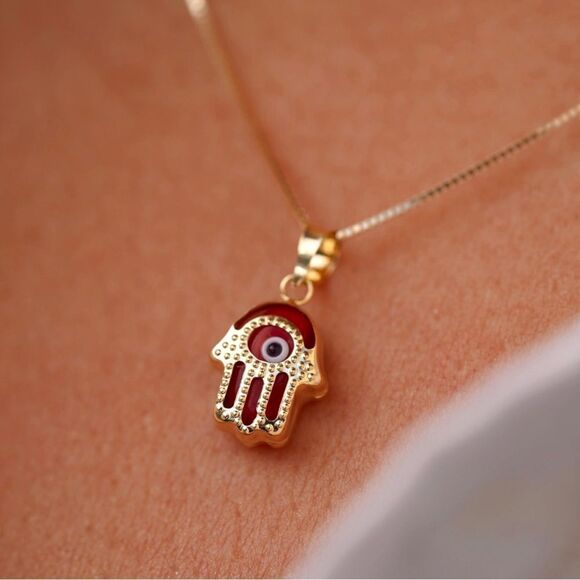 Evil eye hamsa 14k real gold pendant perfect gift - Picture 3 of 3